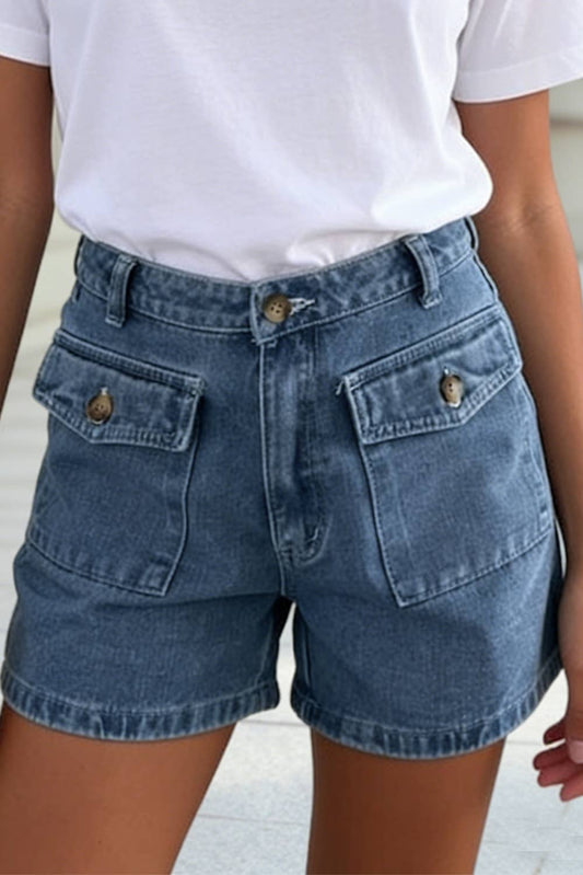 Dusk Blue Cargo Denim Shorts with Button Details - 117832