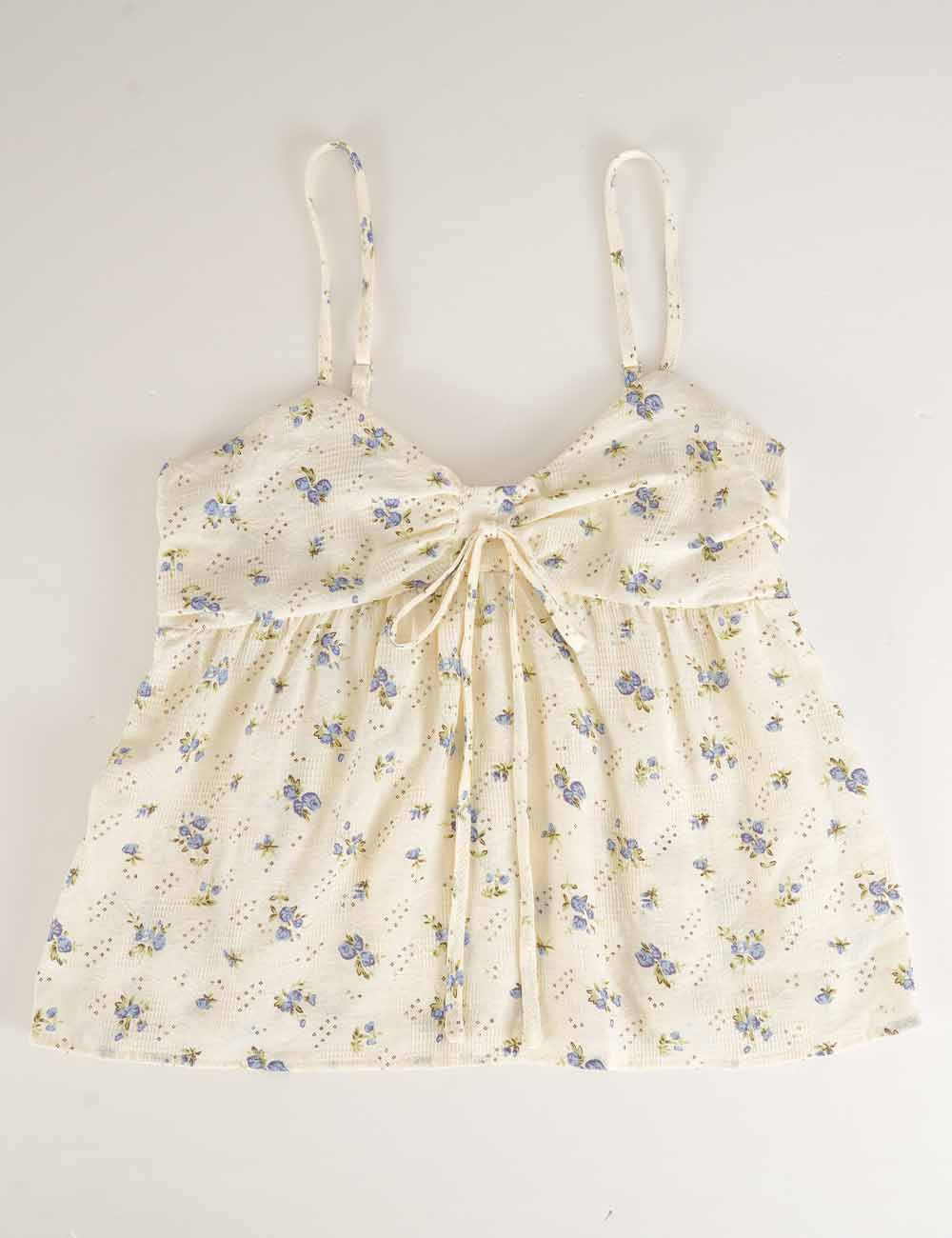 Cream Boho Floral Print Tie Neck Cami Top-148654
