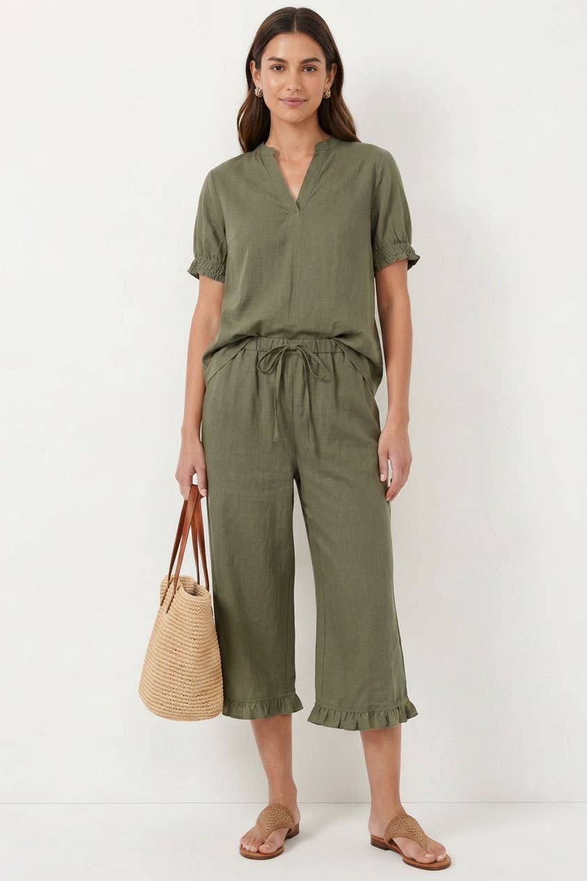Light Olive Ruffle Detail Capri Pant - 139925