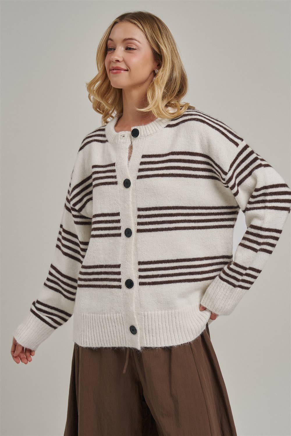 Ivory & Brown Oversized Striped Button-Down Cardigan-150316