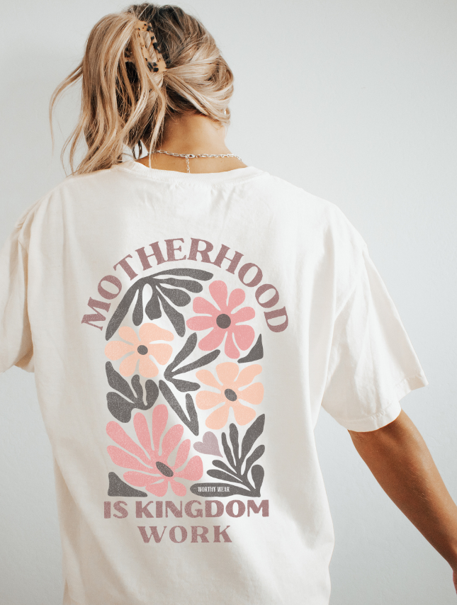 Ivory/ Floral 'Motherhood is Kingdom Work' Inspirational Cotton Tee