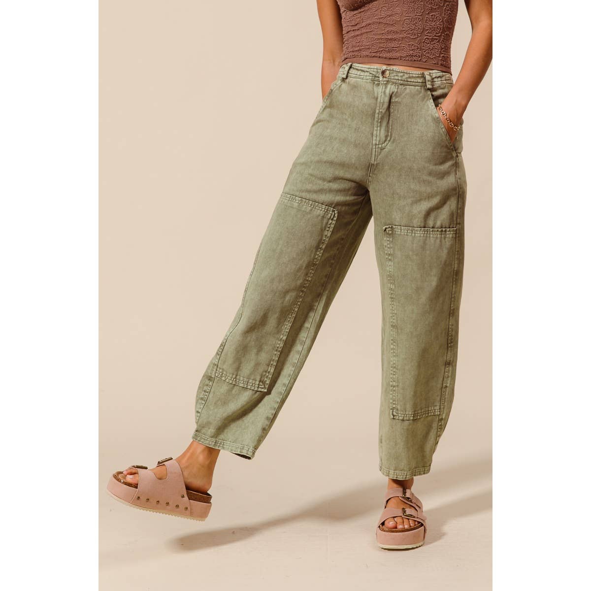 Olive Mineral-Washed Barrel Pants-131186