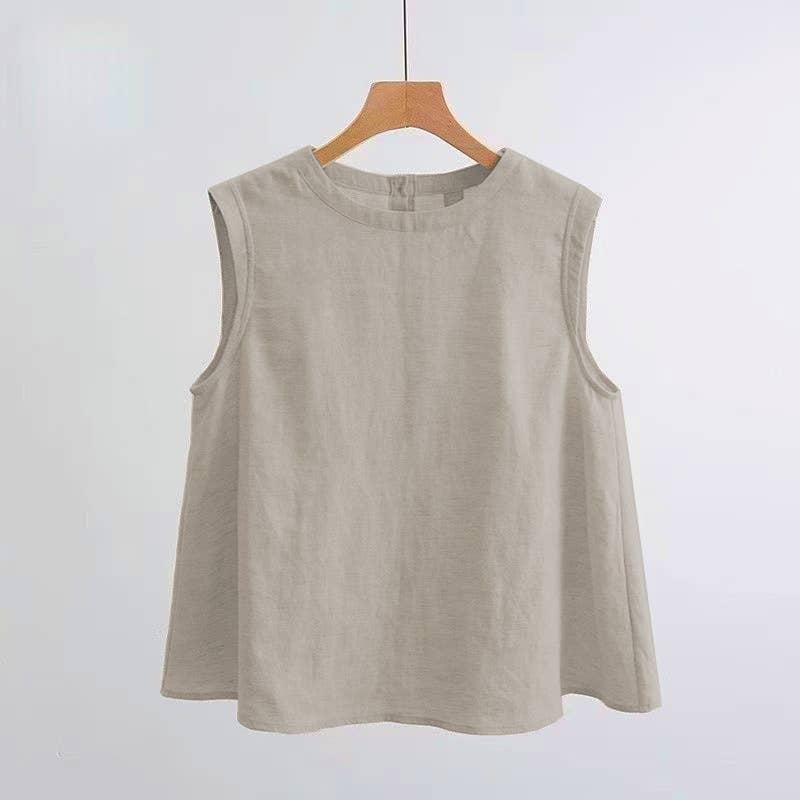 Boxy Lightweight Airy Cotton Linen Effect Boxy Crewneck Tank Top: Beige / White - 146421