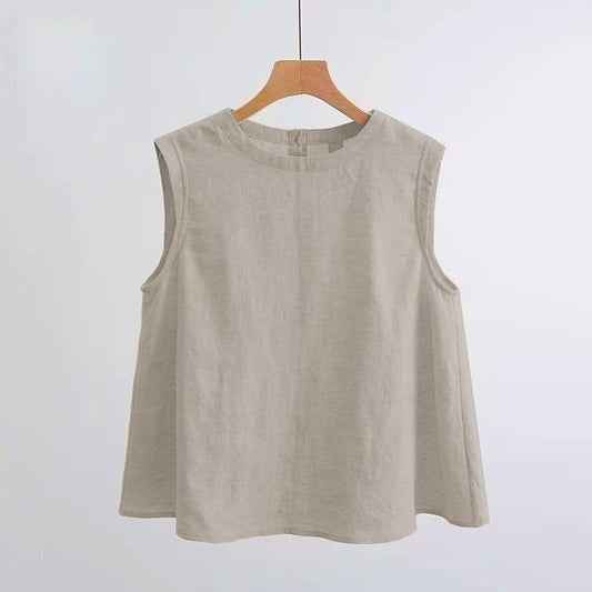 Boxy Lightweight Airy Cotton Linen Effect Boxy Crewneck Tank Top: Beige / White - 146421