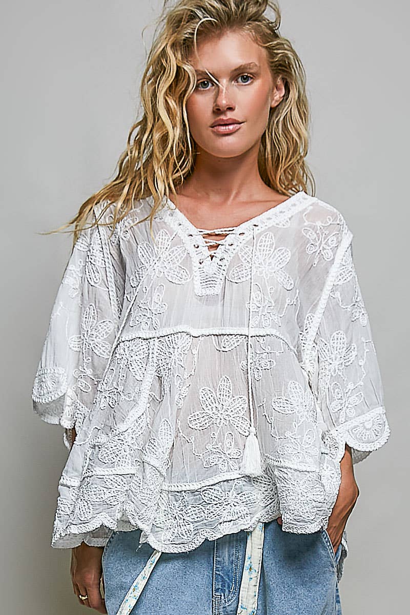 Off White Tassel Loop Point Ruffle Crochet Top-143198