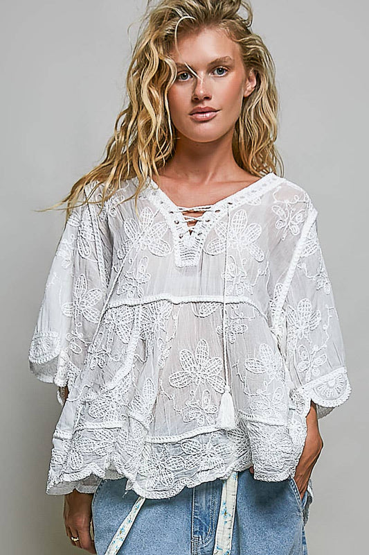 Off White Tassel Loop Point Ruffle Crochet Top-143198