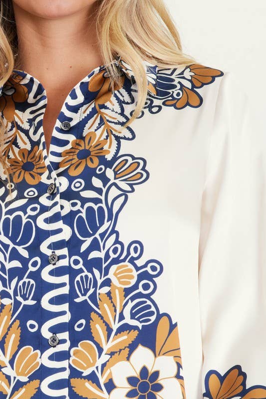 Mustard-Navy Printed Border Button-Down Blouse-146056
