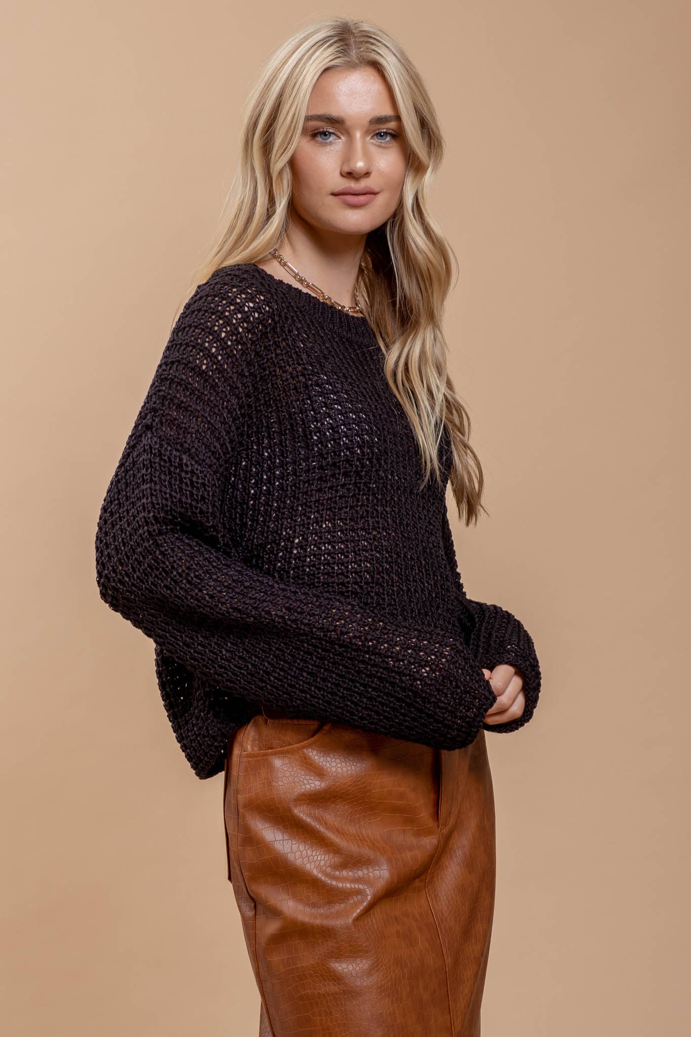 Black Sheer Knit Crew Neck Sweater