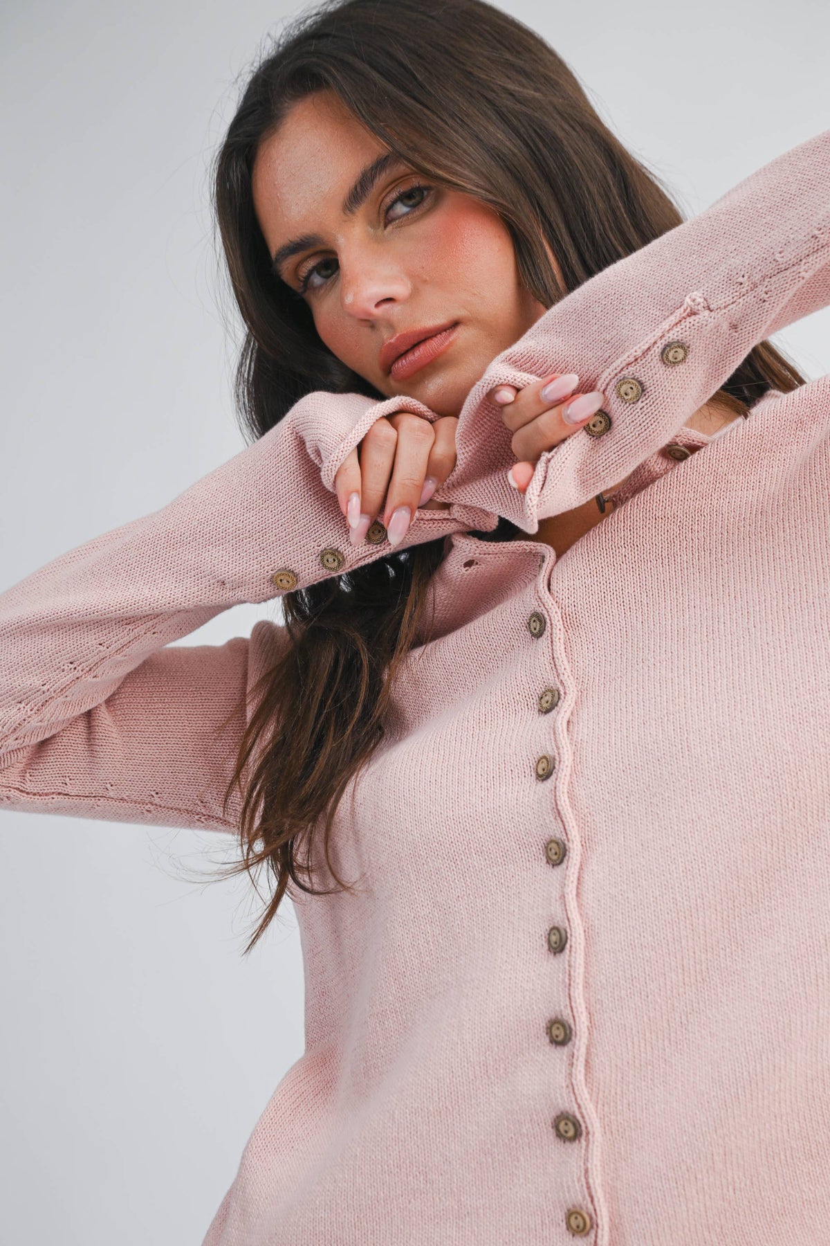 Soft Pink Button Front Knit Cardigan-152211