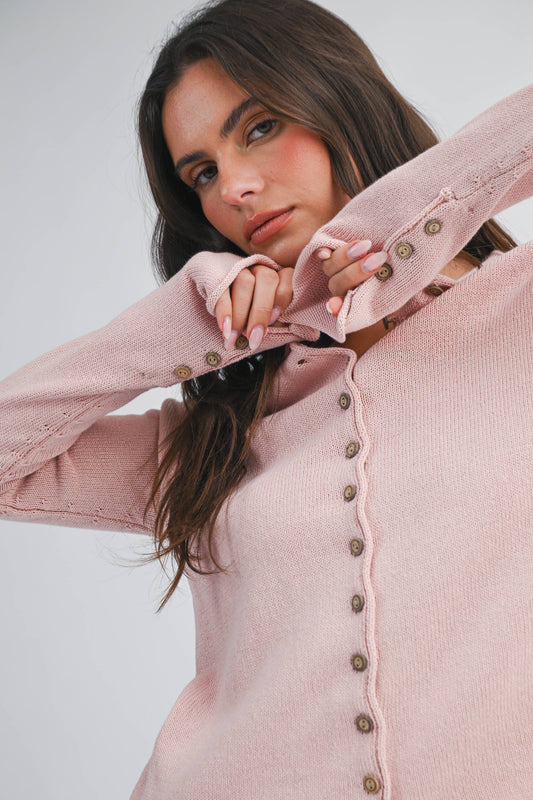 Soft Pink Button Front Knit Cardigan-152211
