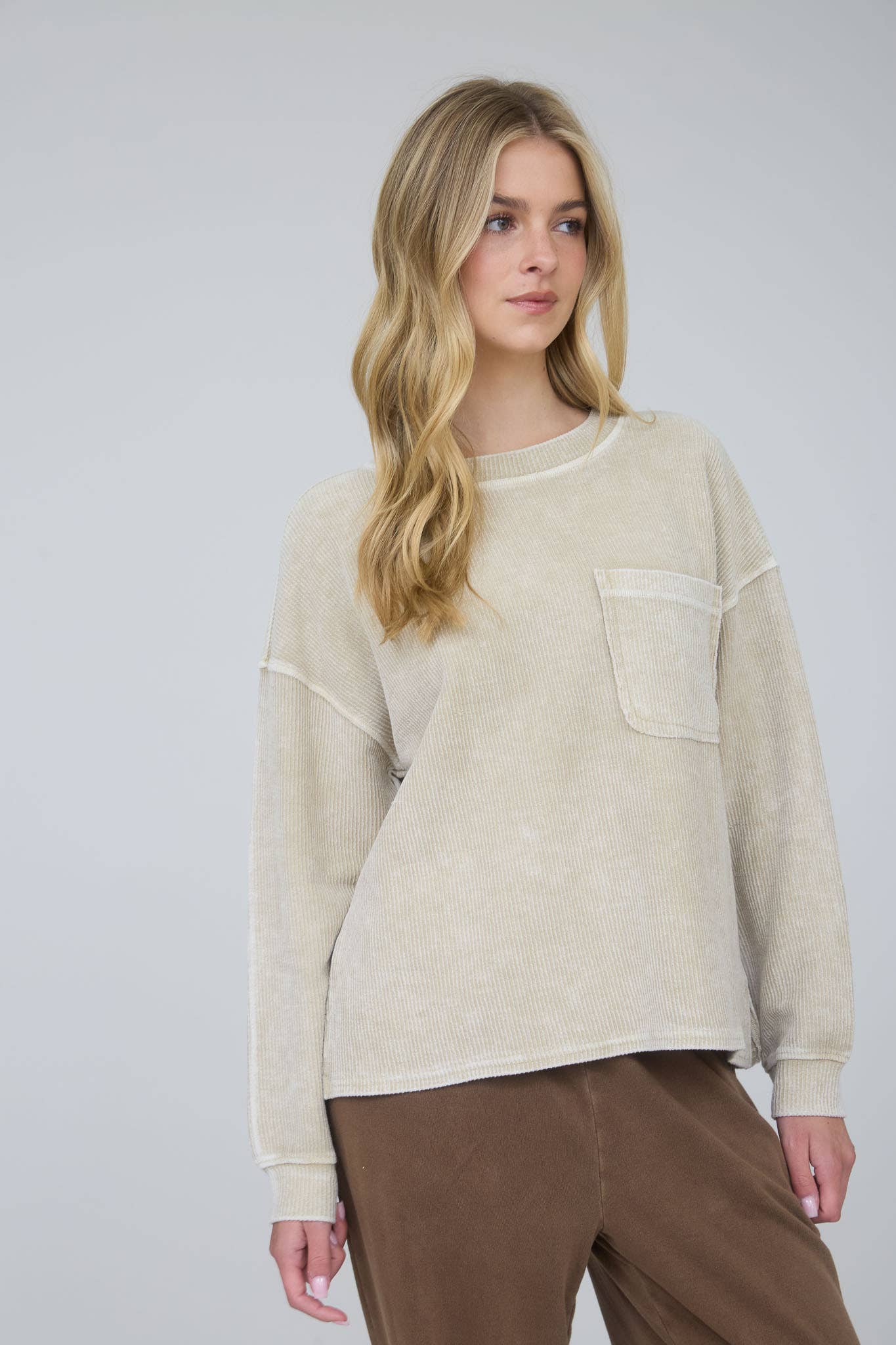 Khaki Acid Washed Ribbed Oversized Cotton Top