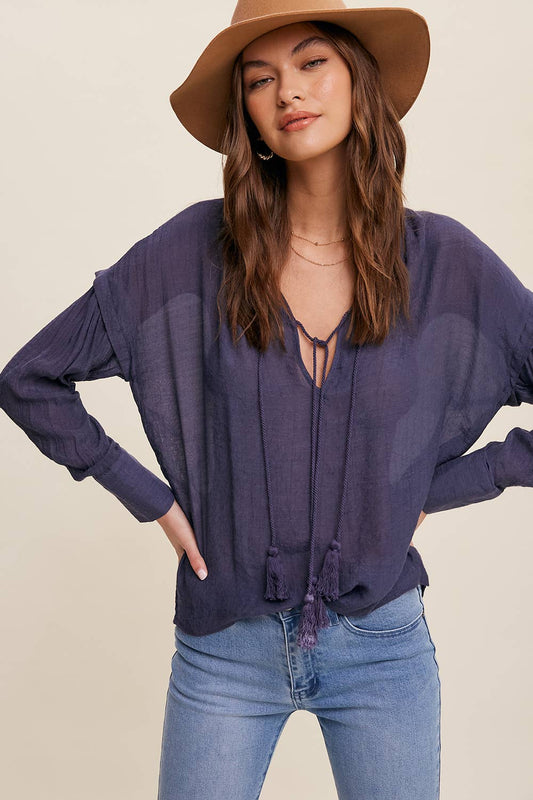 Navy Tassel Tie Boho Blouse- 140783