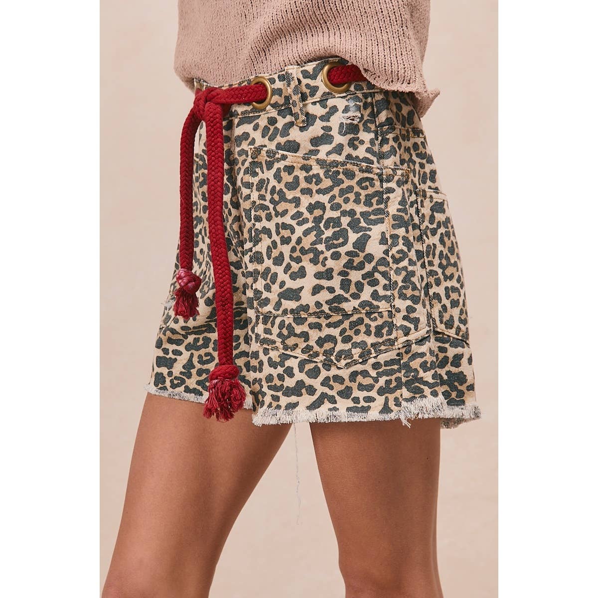 Leopard Print Shorts w/ Red Braided Waist Belt-111683