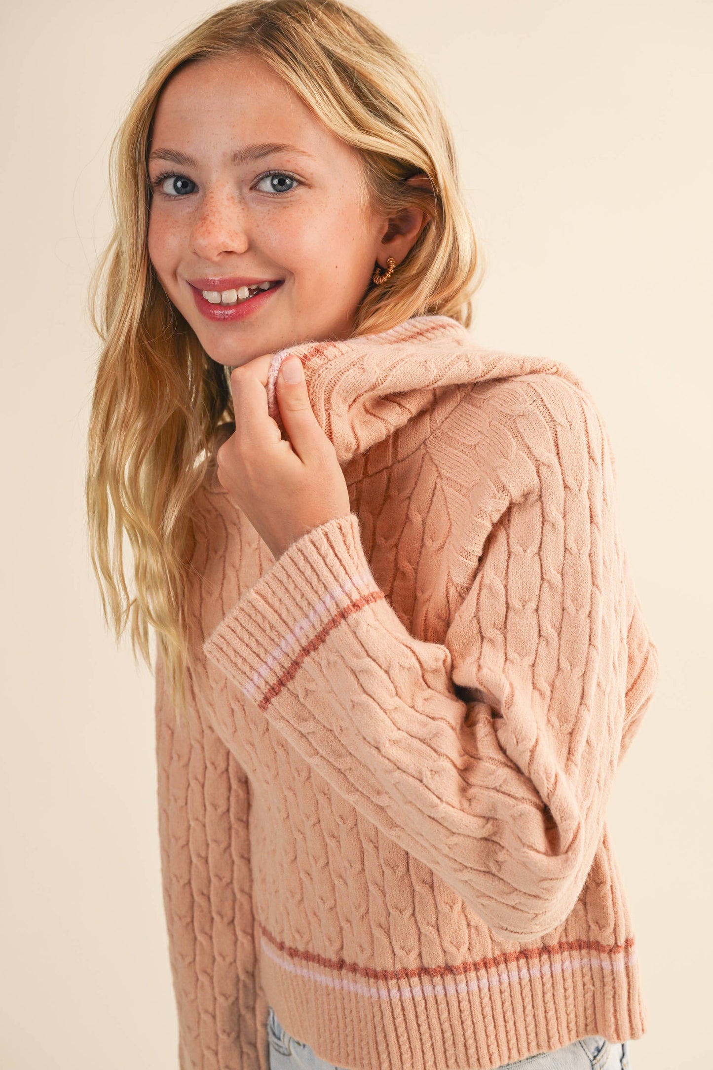 Soft Blush Hooded Cable Knit Sweater