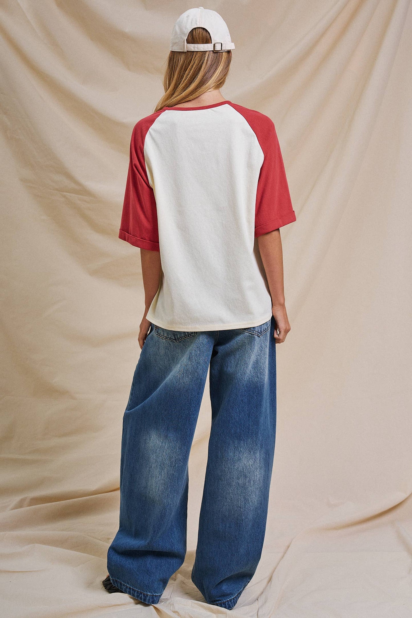 Ivory and Red Vintage Varsity  Cotton Baseball Tee - 141381