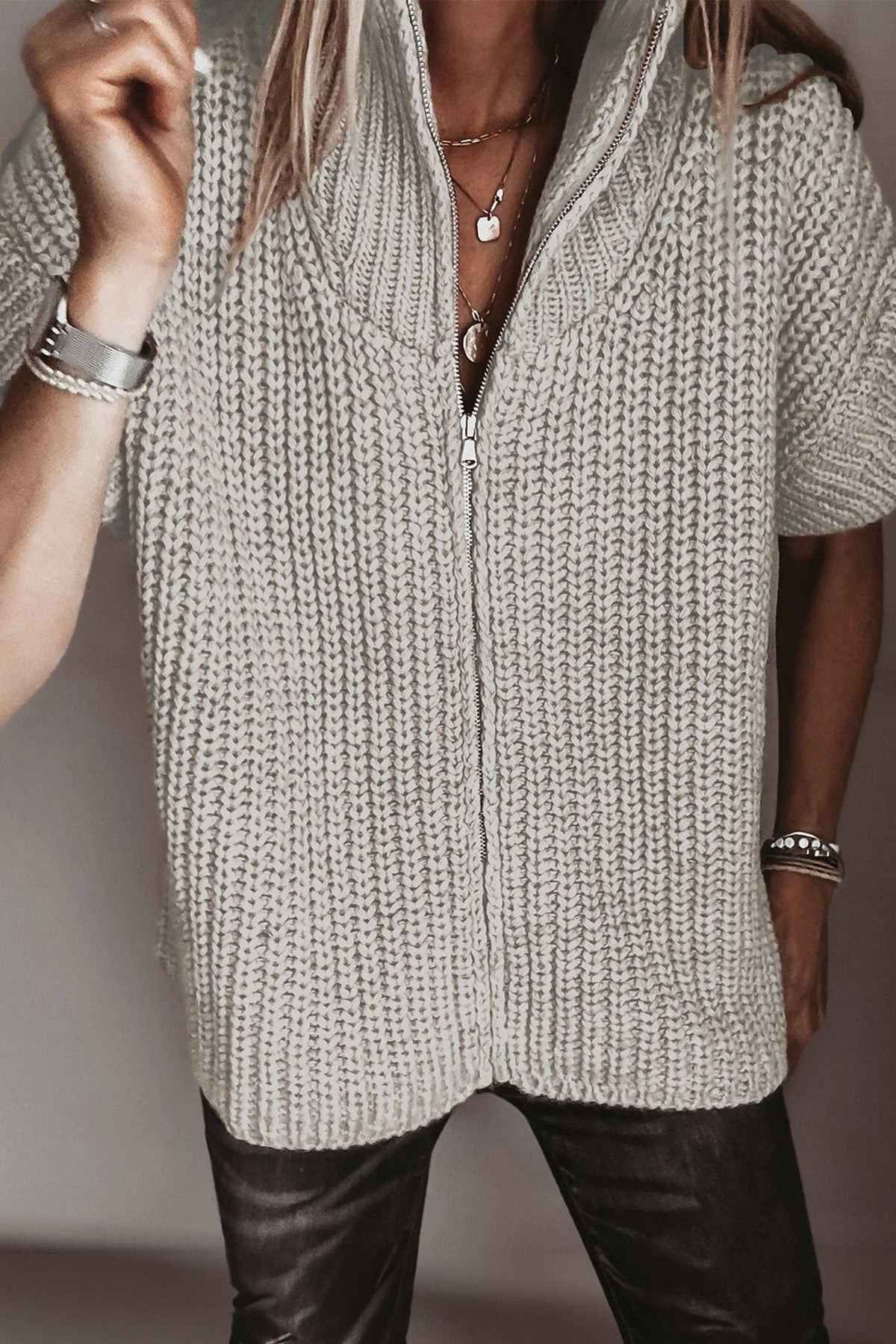 Light Stone Short Sleeve Zip-up Knit Sweater-