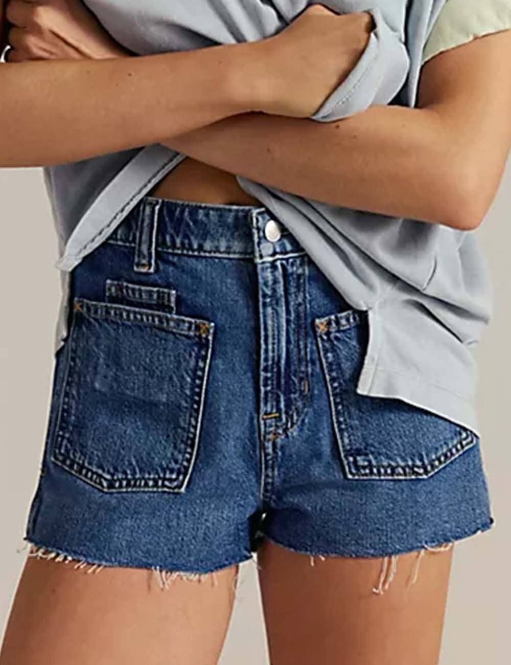Dark Denim Shorts Raw Edge Front Pockets - 115652