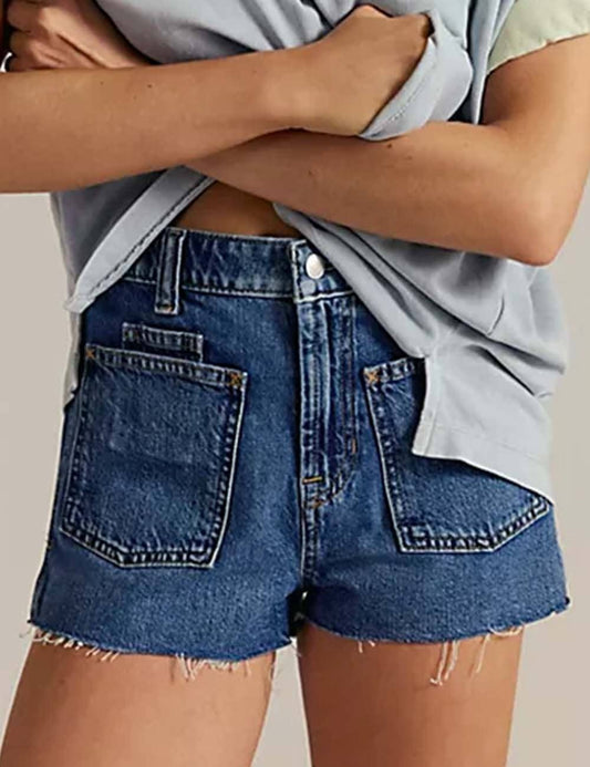 Dark Denim Shorts Raw Edge Front Pockets - 115652