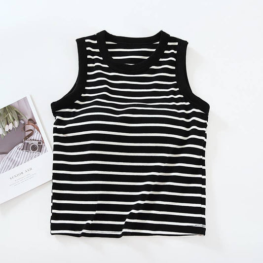 Black Strip Cotton Built in Bra Crewneck Tank Top