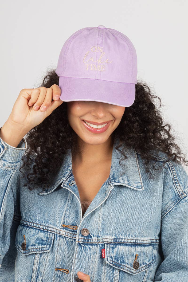White 'On Lake Time' Embroidered Cotton Baseball Cap