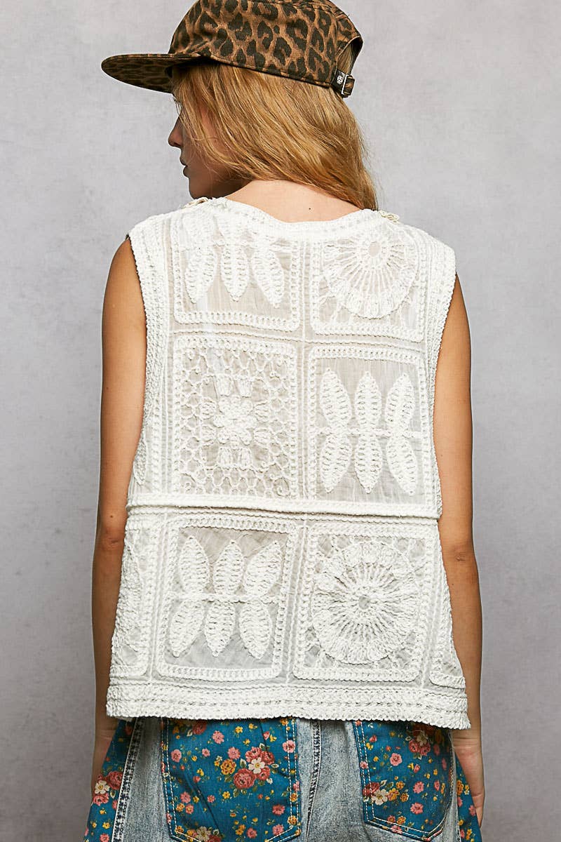Off White Boho Crochet Lace Trim Embellishment Vest Top-141210