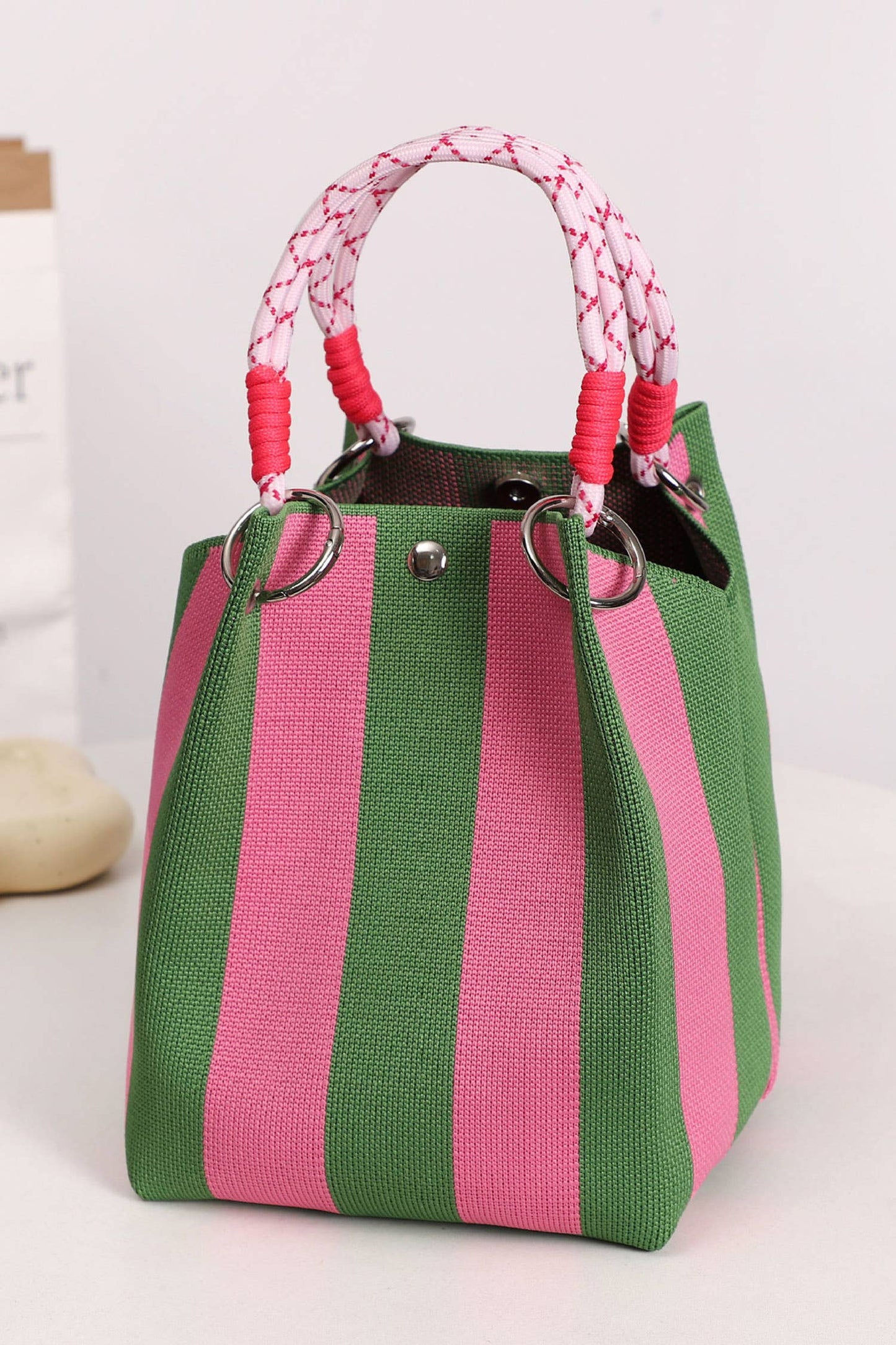 Boho Striped Fern Green and Pink Tote Bag with Ring  and Rope Handle