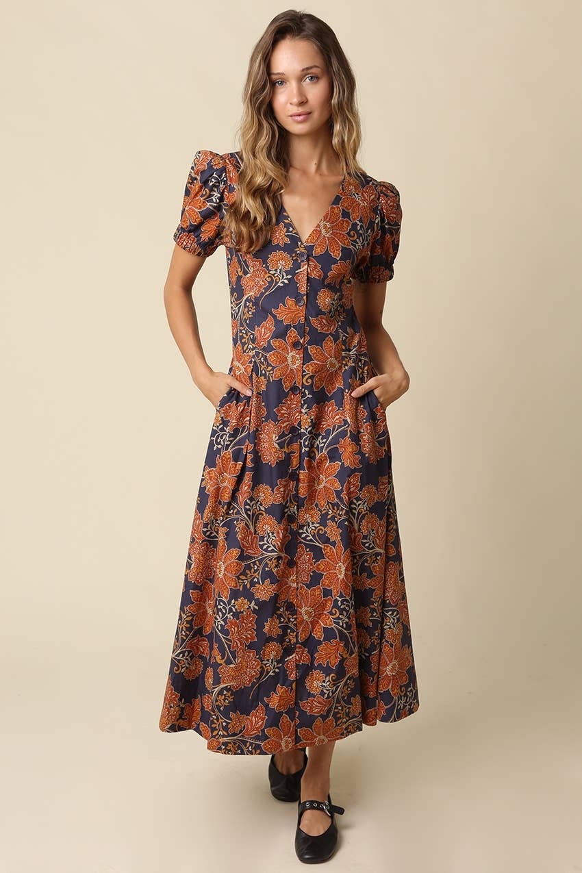 Navy w/ Rust Floral Hallie Maxi Dress-122606