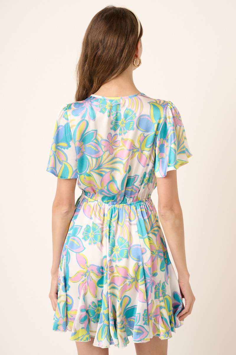Blue Floral Print Surplice Mini Dress- 124266