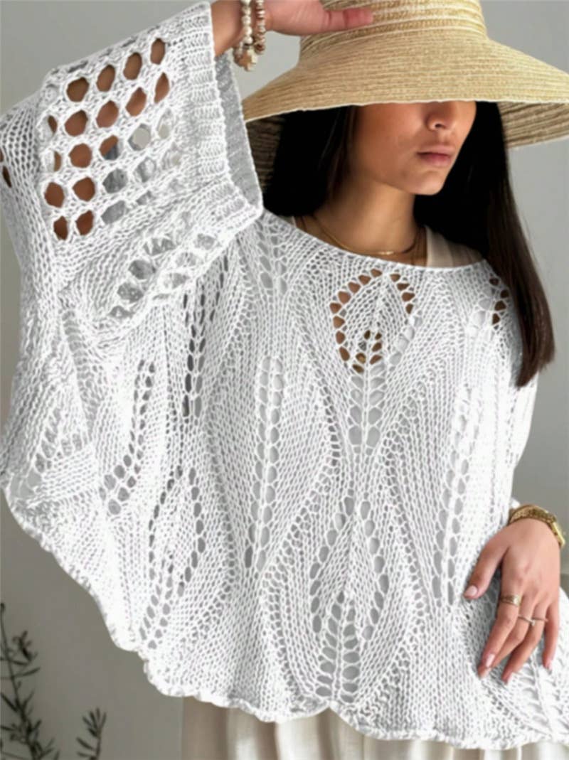White Bohemian 3/4 Sleeve Loose Hollow Knit Top - 148236