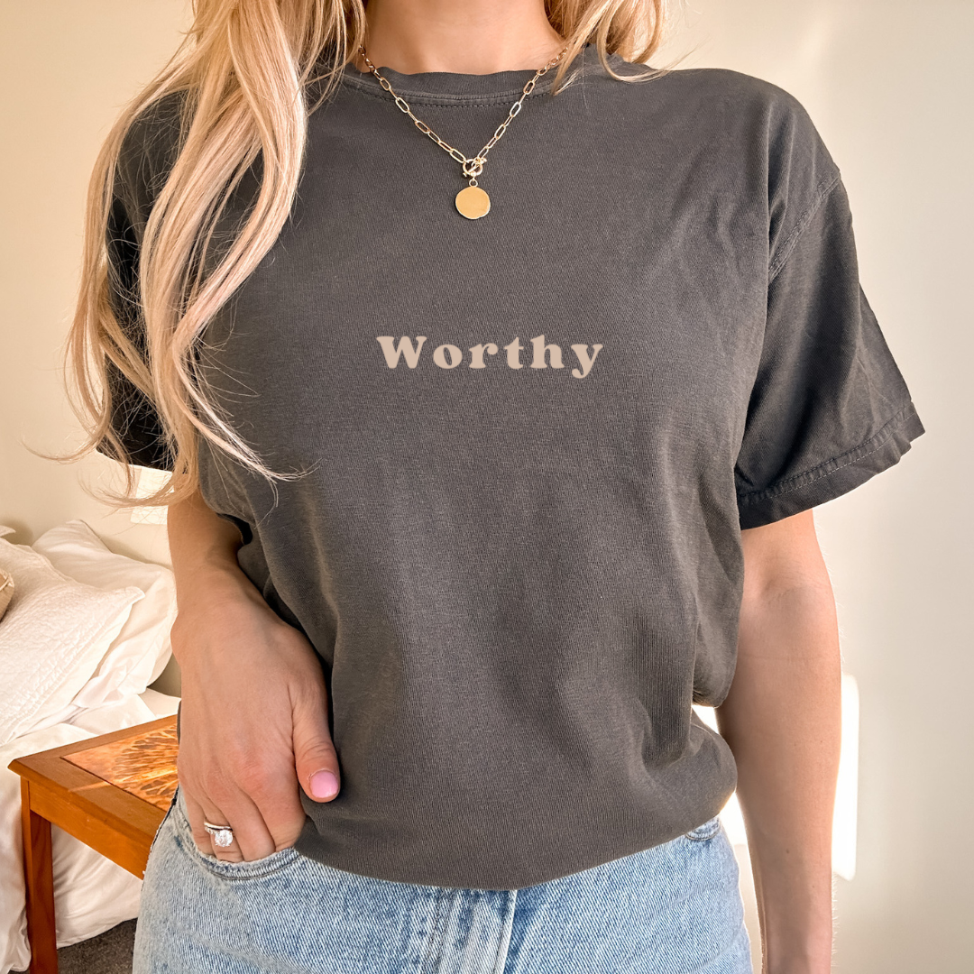 Pepper Grey "Worthy" Inspirational  Unisex Cotton Tee