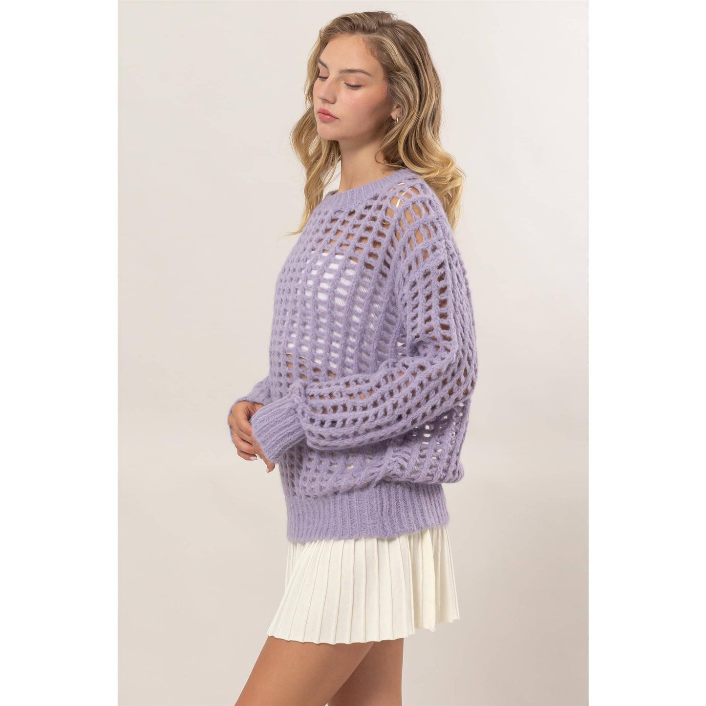 Soft Lavender Open Fish Net  Stitch Long Sleeve Sweater