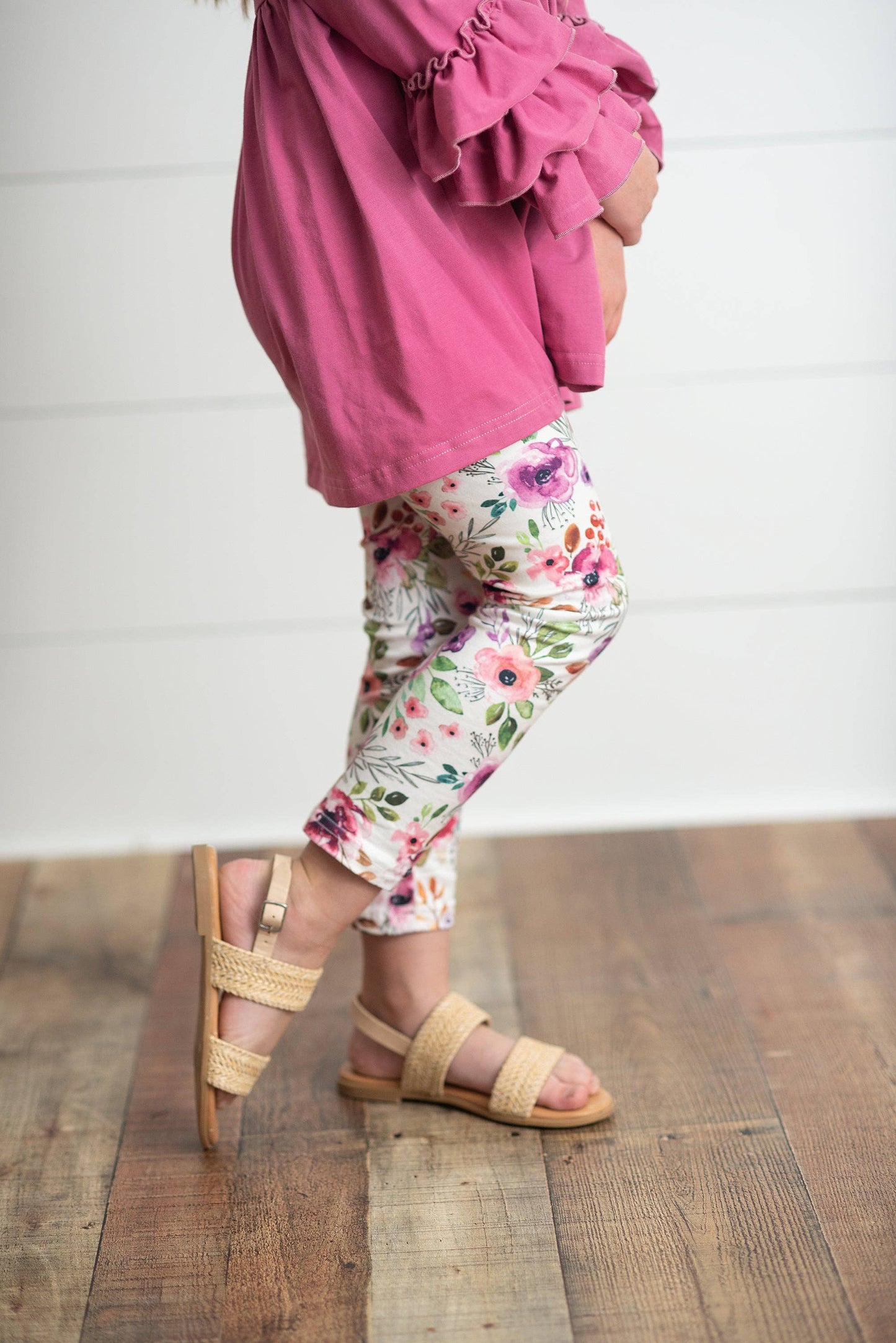 Pink Ruffle Sleeve Shirt & Floral Leggings Set