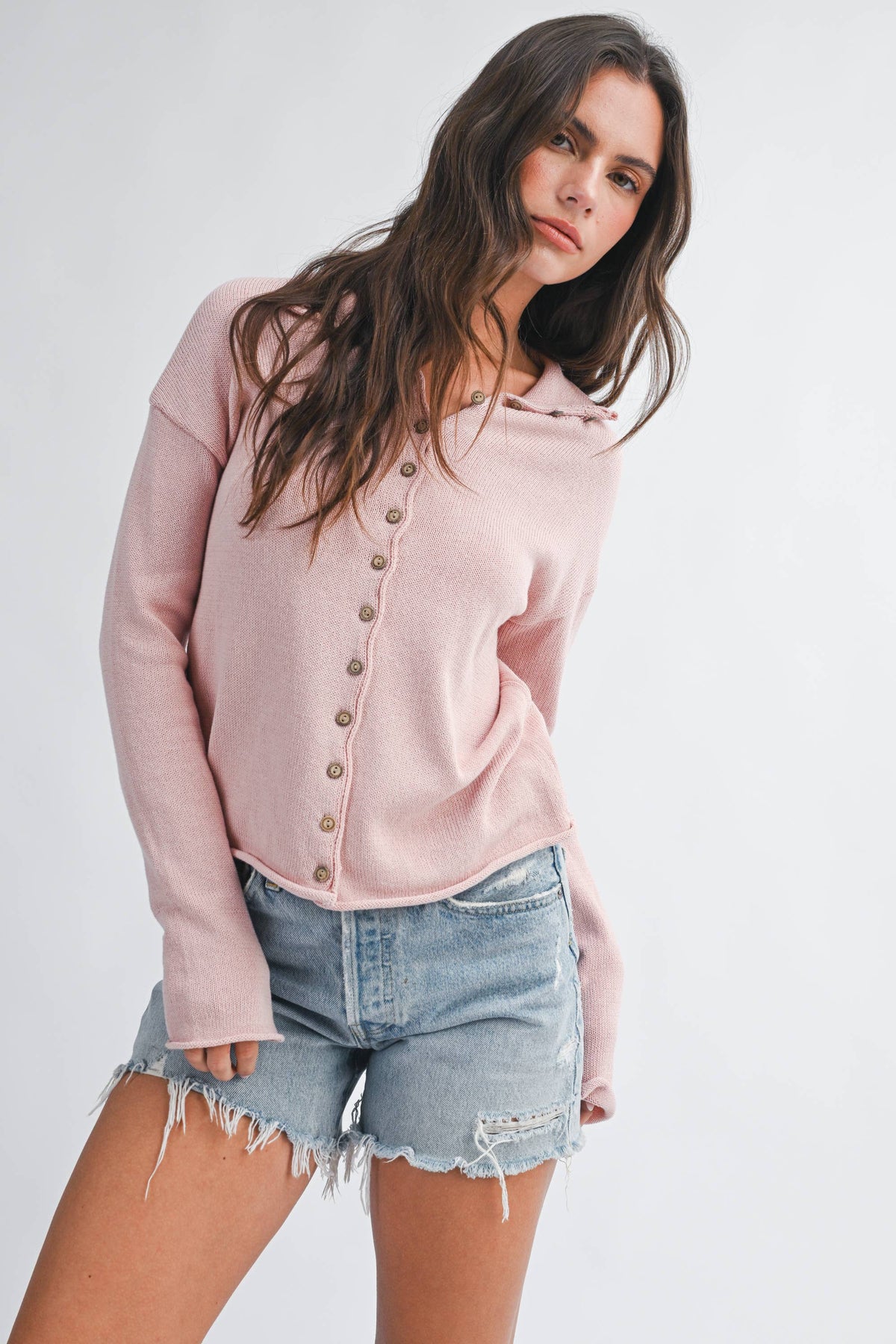 Soft Pink Button Front Knit Cardigan-152211