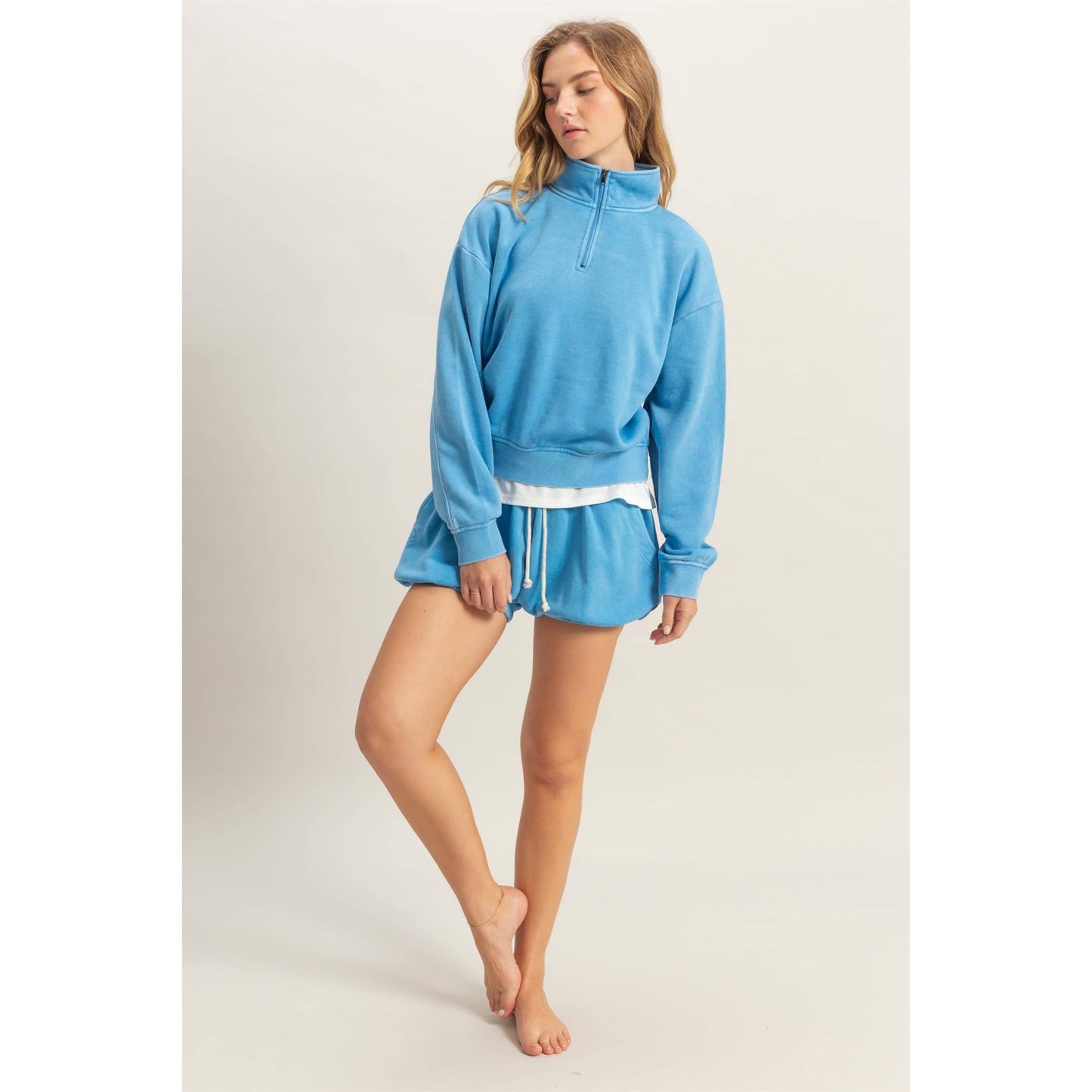 Blue Drawstring Waist Bubbled Hem Shorts