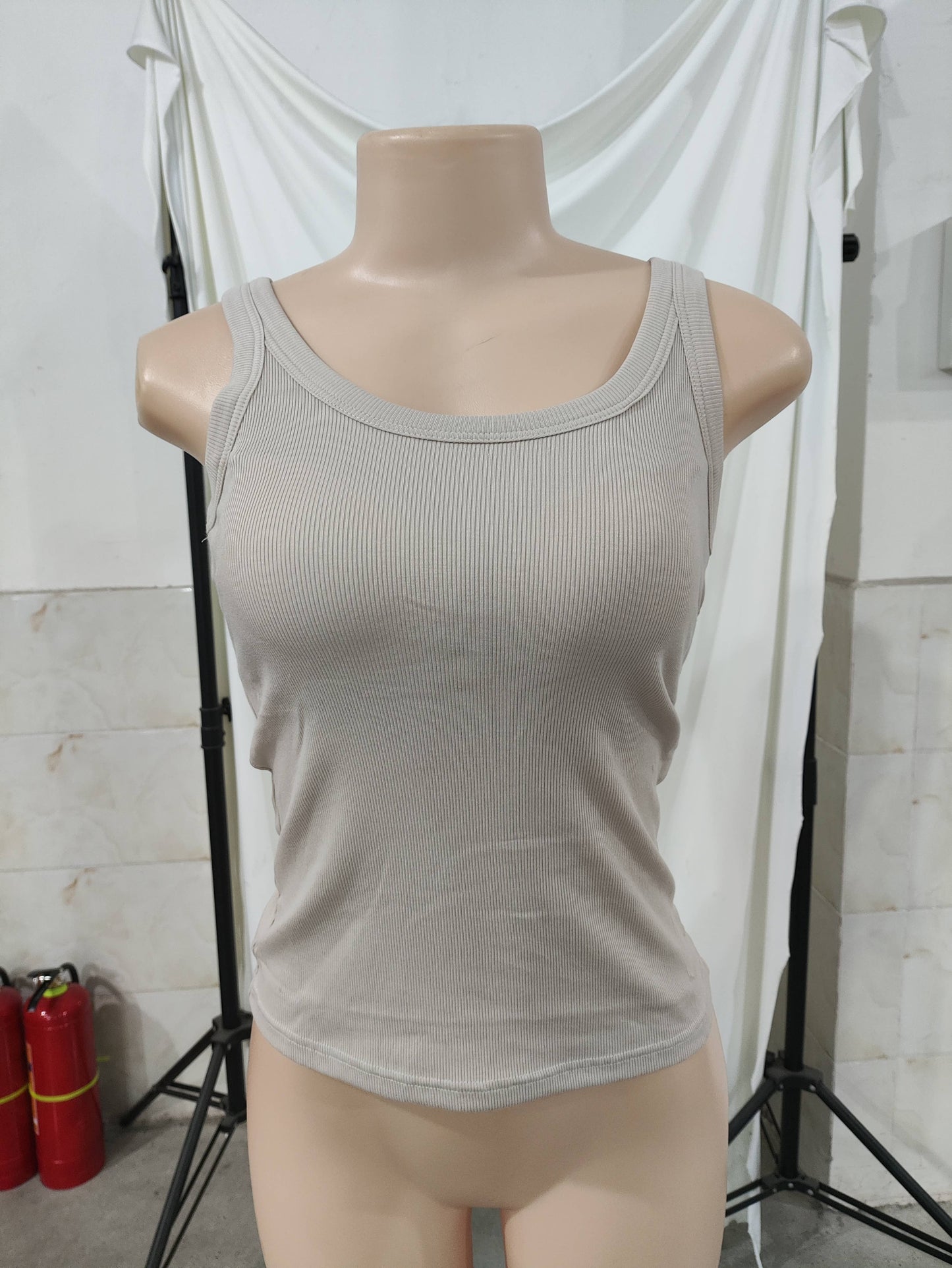 Beige Essential Rib W/ Built In Bra Tank Top-183989