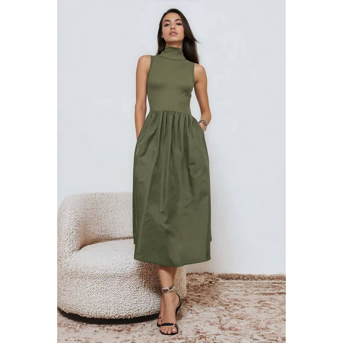 Olive Sleeveless Mock Neck Midi Dress - 137072