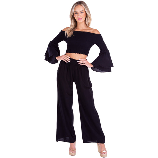 Black Smocked Waist Cotton Wide Leg Pants-131379