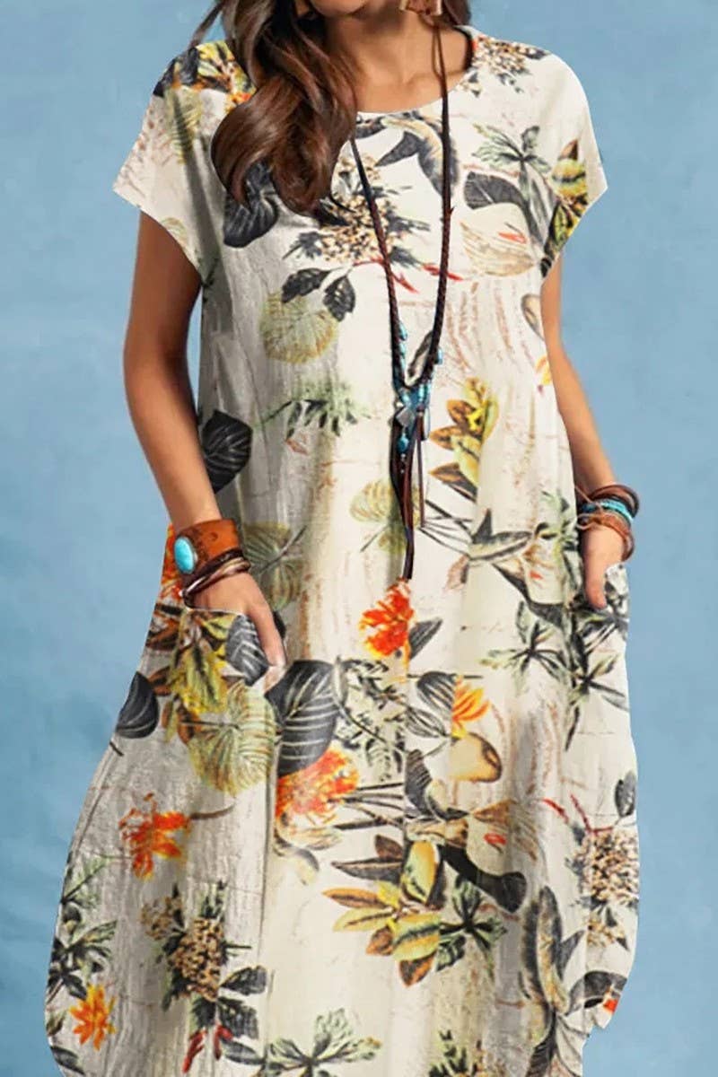 Cream Fall Garden Shift Dress with Front Large Pockets