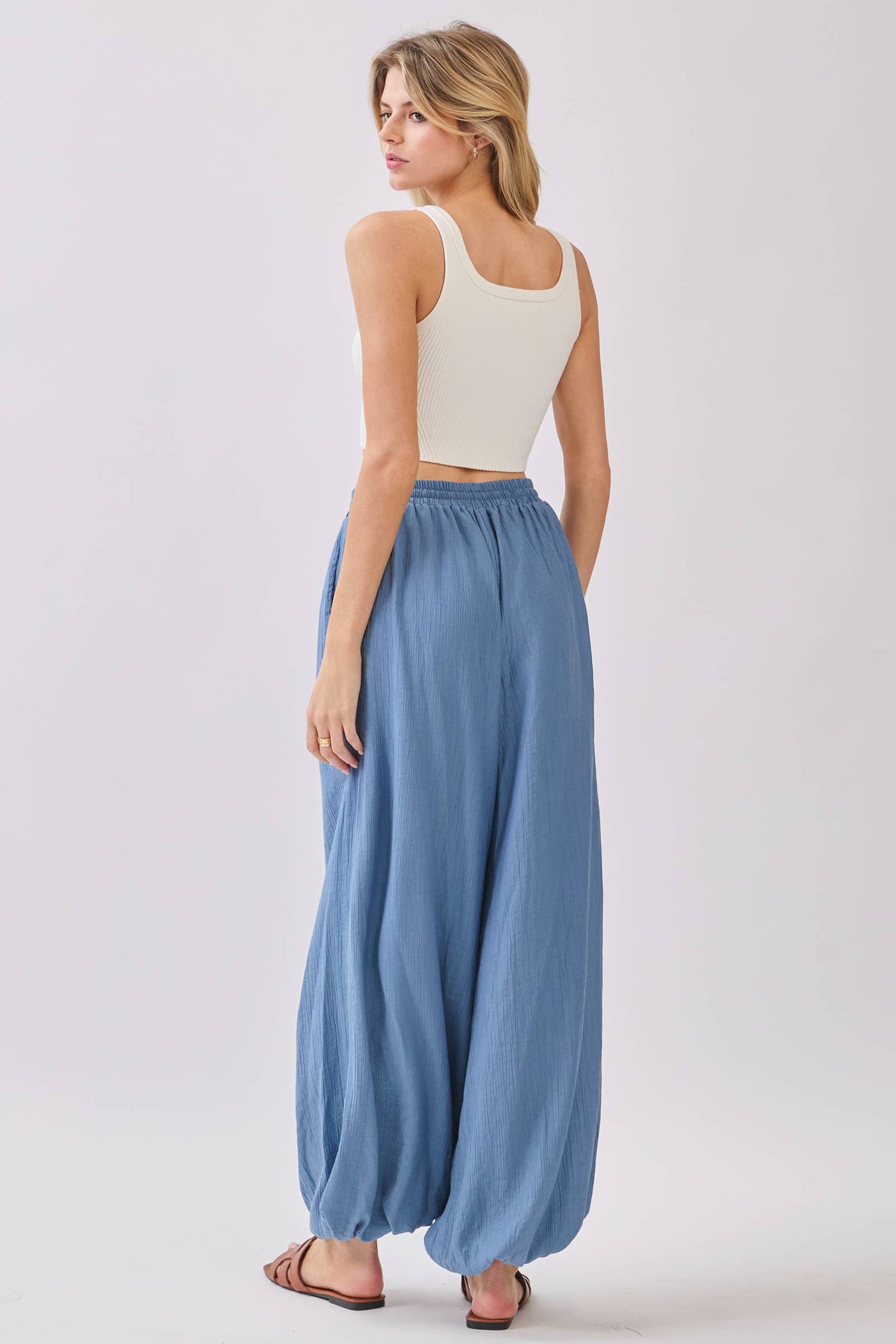Slate Blue Flowy Gathered Wide Leg Pants