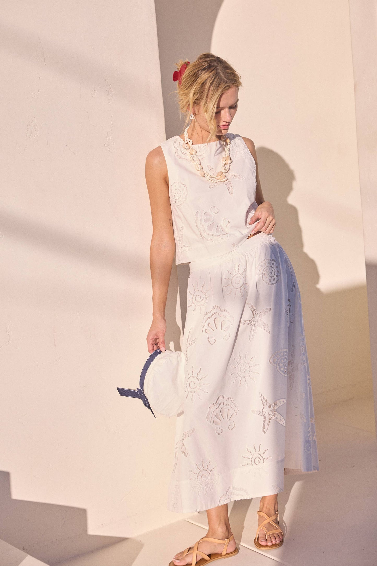 White Seaside Embroidered Eyelet Sleeveless Top-147469