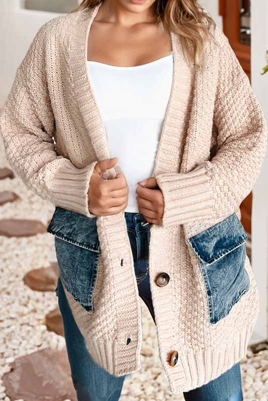 Denim Pocket Oversized Knit Button Up Cardigan