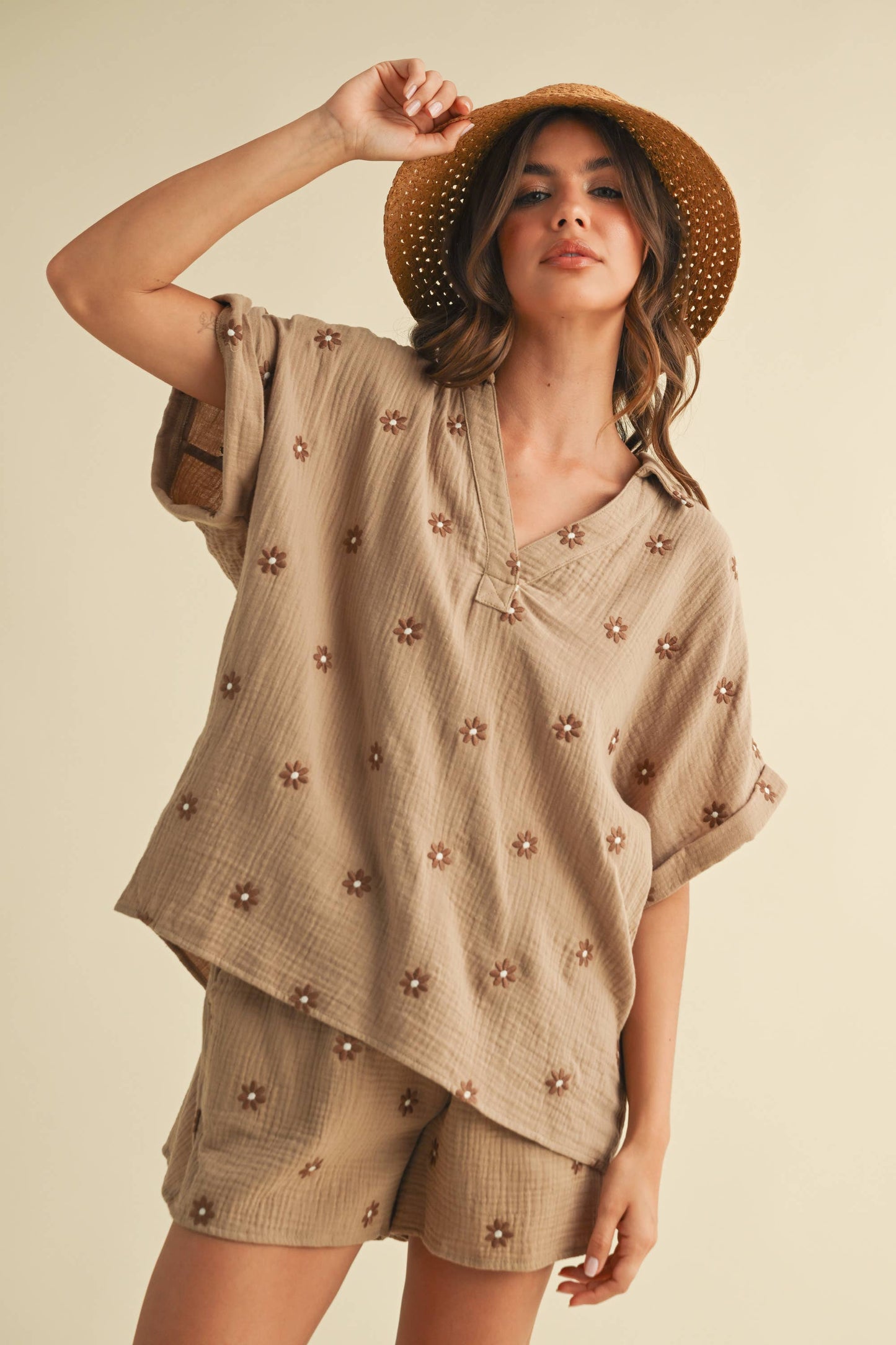 Mocha Embroidered Flower Cotton Short Set