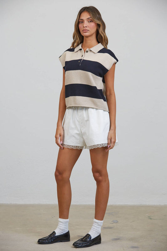 Beige & Black Striped Cotton Polo Sweater Top-145939