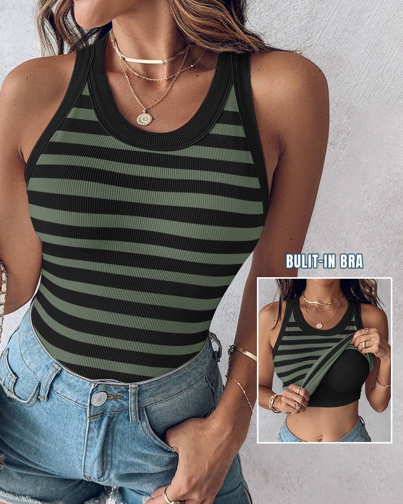 Sage and Black Striped Ribbed Padded Bra Tank- 180462