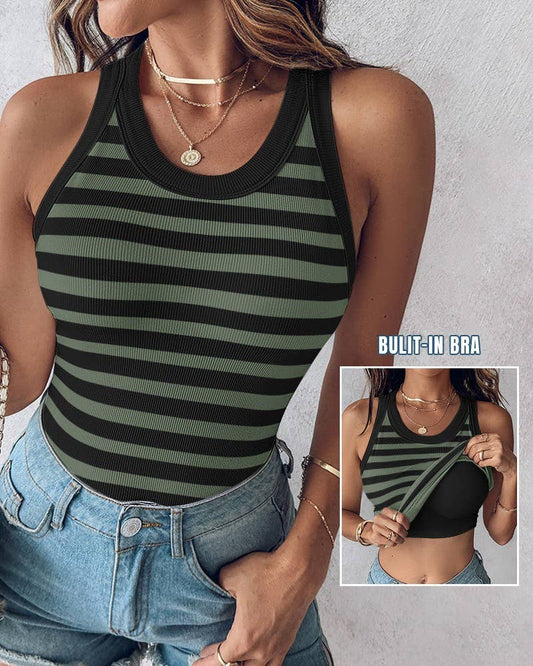 Sage and Black Striped Ribbed Padded Bra Tank- 180462