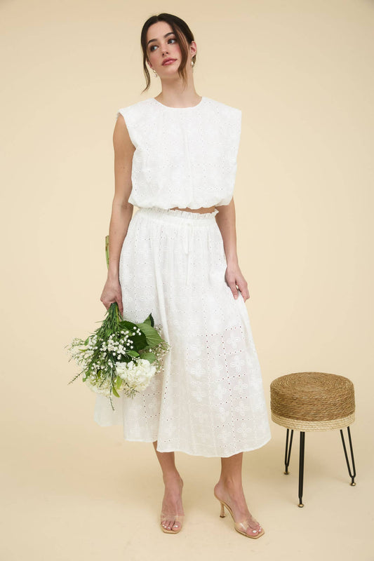 White Cotton Eyelet Ruffled Lined Midi Skirt