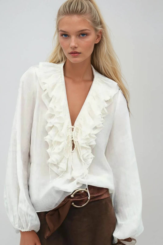 Ivory Ruffled Lace Up Boho Blouse - 141511