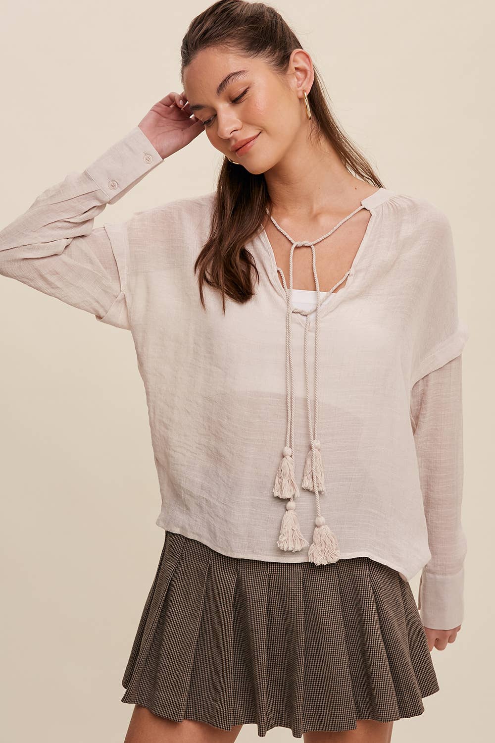 Champagne Tassel Tie Boho Blouse-140783