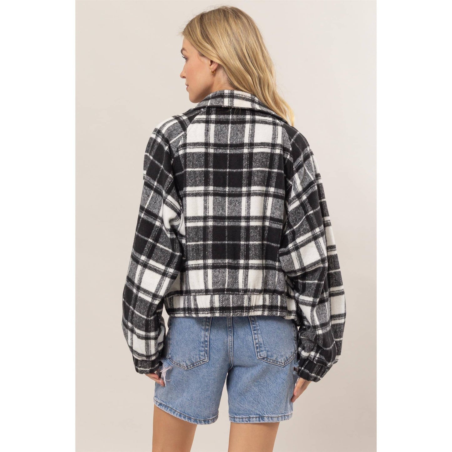 Soft Flannel Black Plaid Zip-Up  Moto Jacket