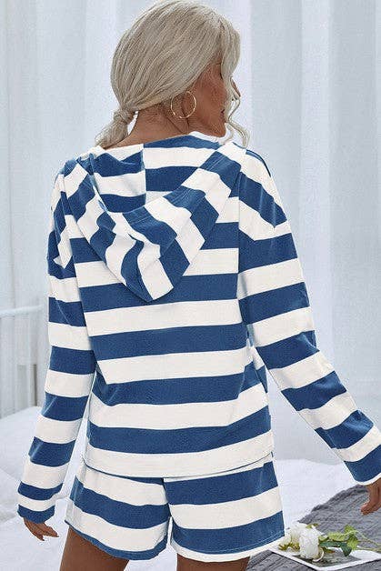 Two Pieces Aqua Blue Striped Oversized Long Sleeves Set